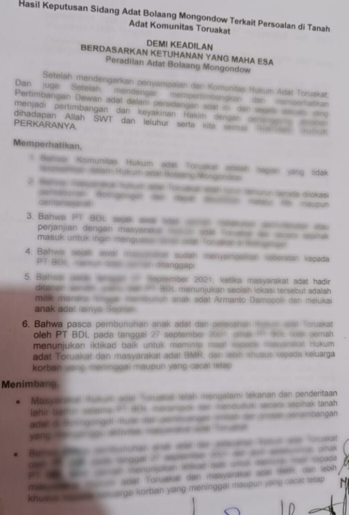 Gambar: Surat keputusan Sidang Dewan Adat terhadap PT. BDL