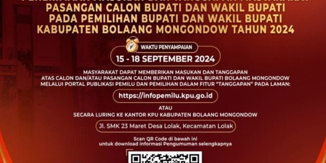 Komisi Pemilihan Umum Bolmong Buka Penerimaan Masukan Tanggapan Masyarakat untuk Paslon Bupati dan Wakil Bupati