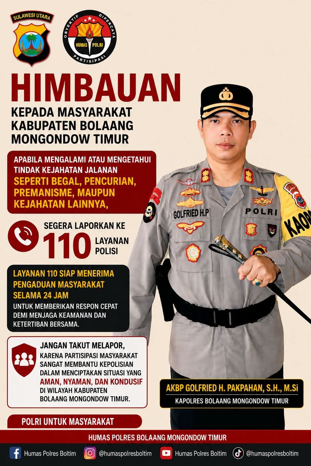 Kapolres Boltim, Segera Laporkan Setiap Tindak Kejahatan dan Ganguan Kamtibmas Melalui Layanan 110 Polisi Siaga 24 Jam
