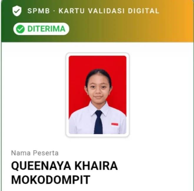 Queenaya Khaira Mokodompit Lulus Lewat Jalur Prestasi Di SMP Negeri 4 Kotamobagu